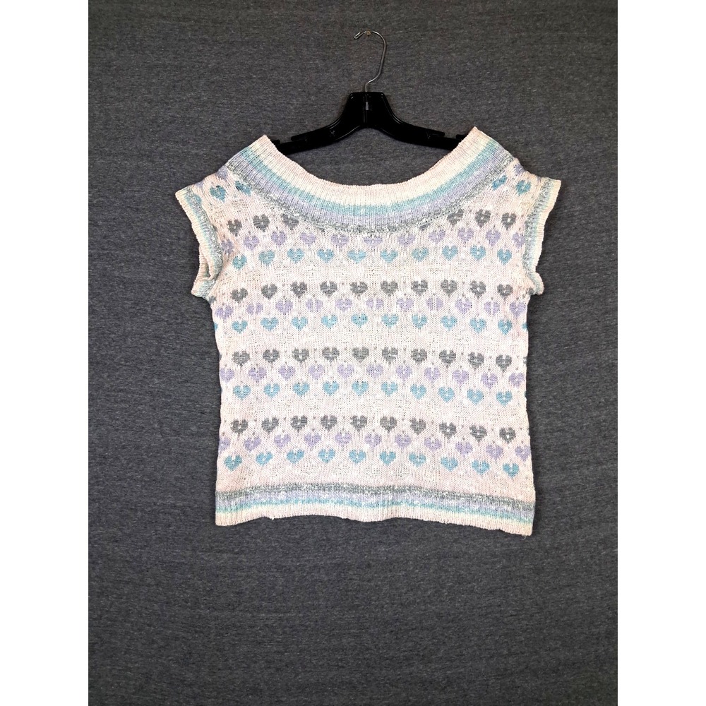 VTG Collage Womens Sweater S White Multi Heart Motif Stiff Knit 70s 80s Coquette